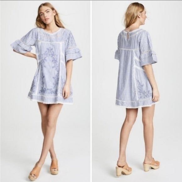 Free People Sunny Day Embroidery Crochet Striped Blue Mini Dress Medium - Picture 2 of 9